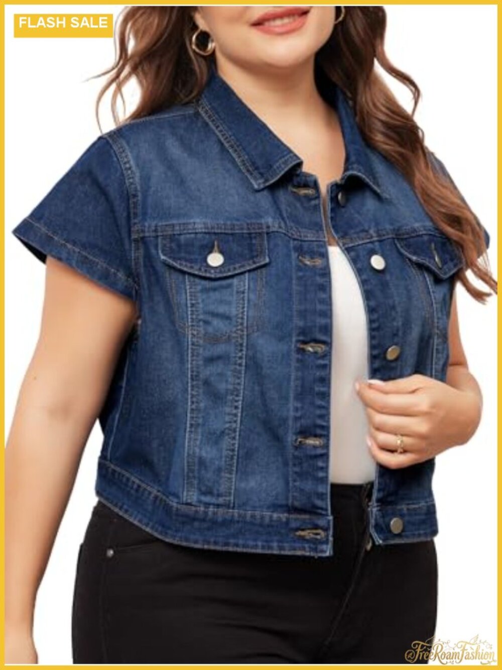 Plus Size Cropped Denim Jacket Short Sleeve Women Button Washed Jean Jacket
